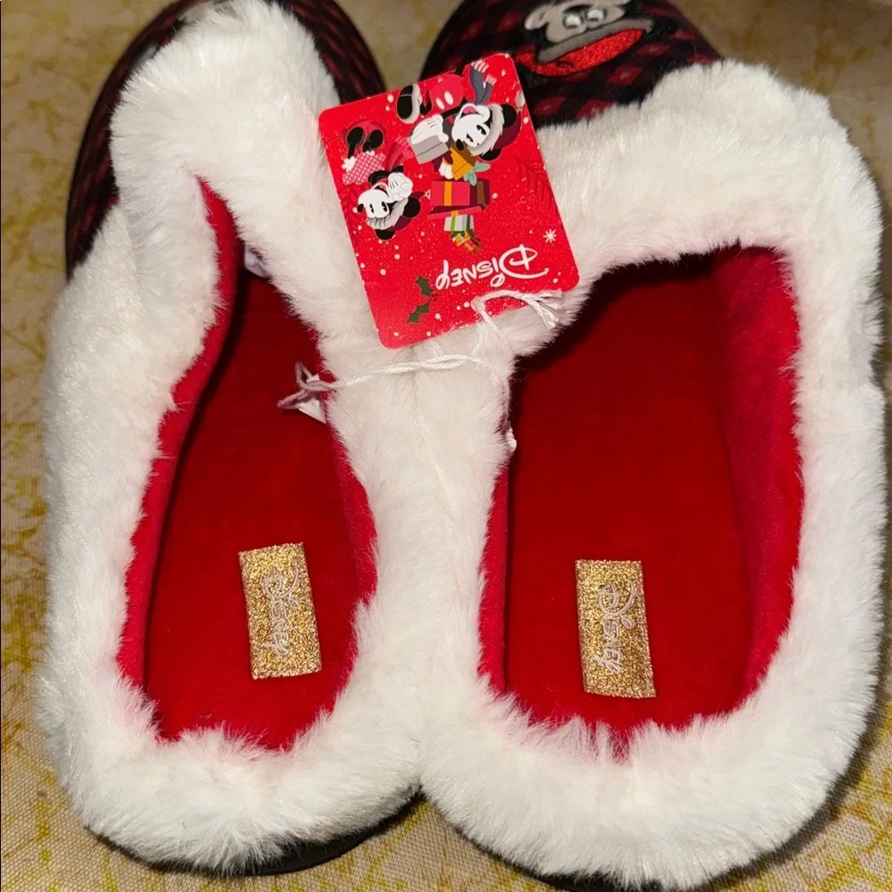 Disney Mickey Mouse Plush Holiday Mens Red & Black Faux Fur XMas House Slippers